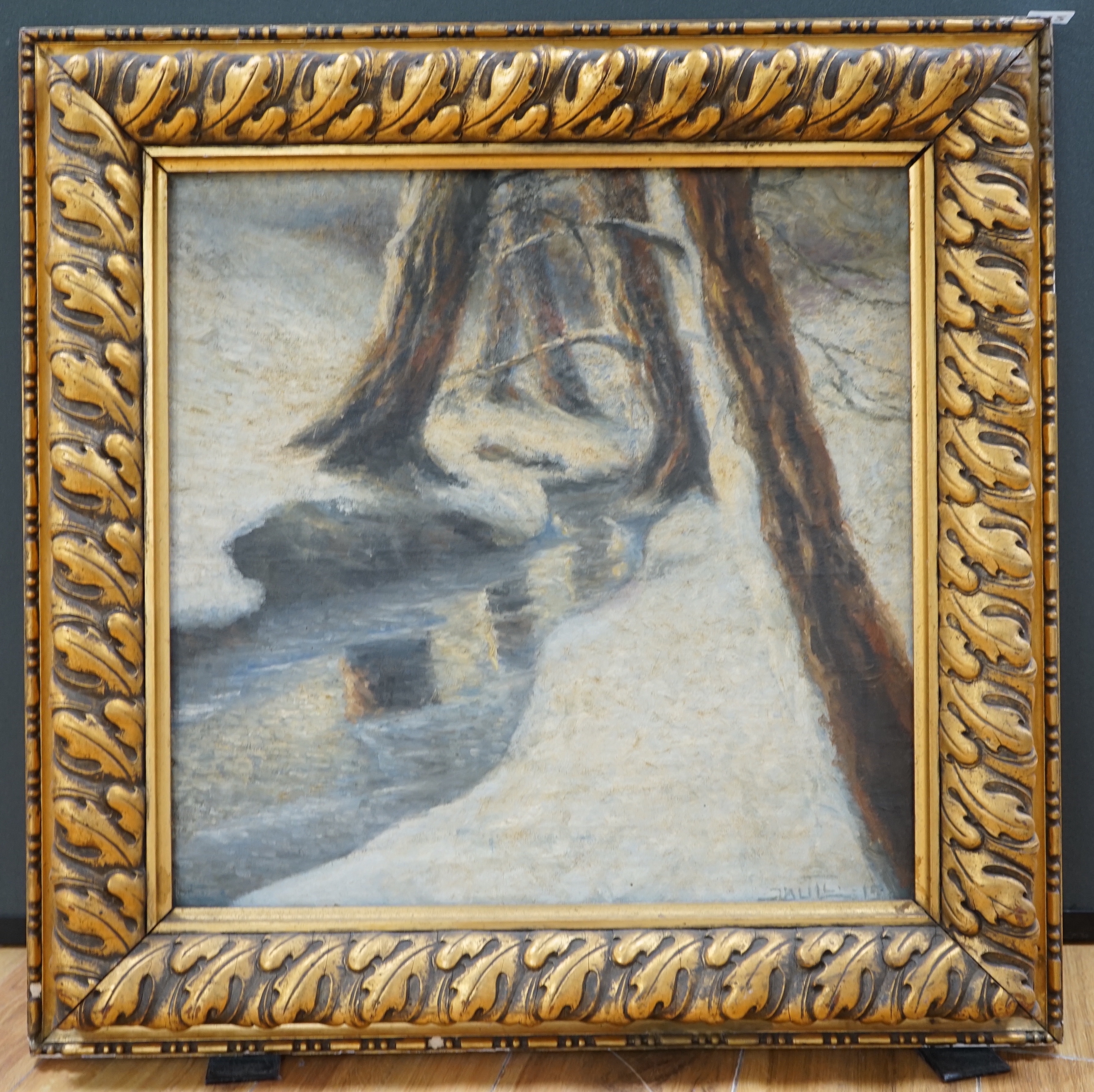 Scandinavian School, oil on canvas, Winter landscape with stream, indistinctly signed and dated, 51cm x 51cm, ornate frame